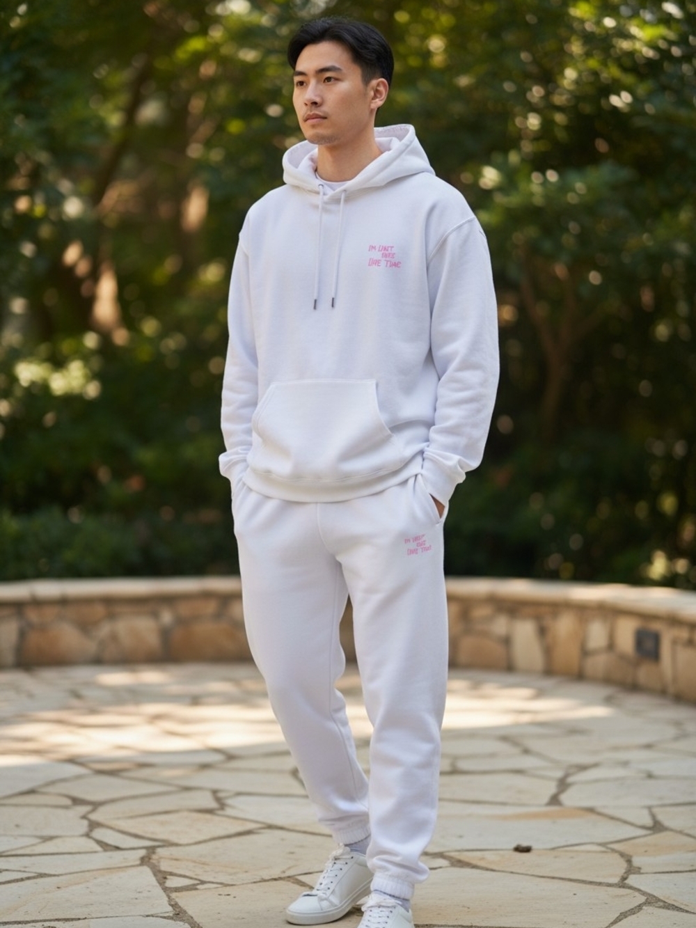 NWOT White Cozy Hoodie & Jogger Set with Pink "At Least We Have This" Script - Picture 3 of 8